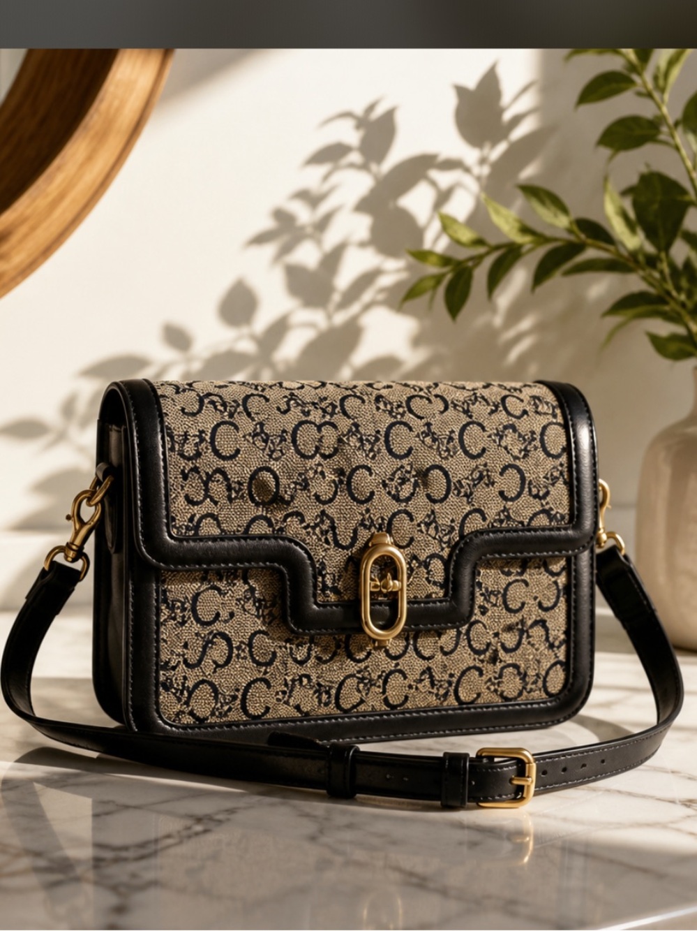 Authentic CELINE C Macadam Carriage Shoulder Bag.